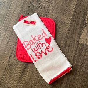 NWT “Baked with Love” Tea Towel and Pot Holder